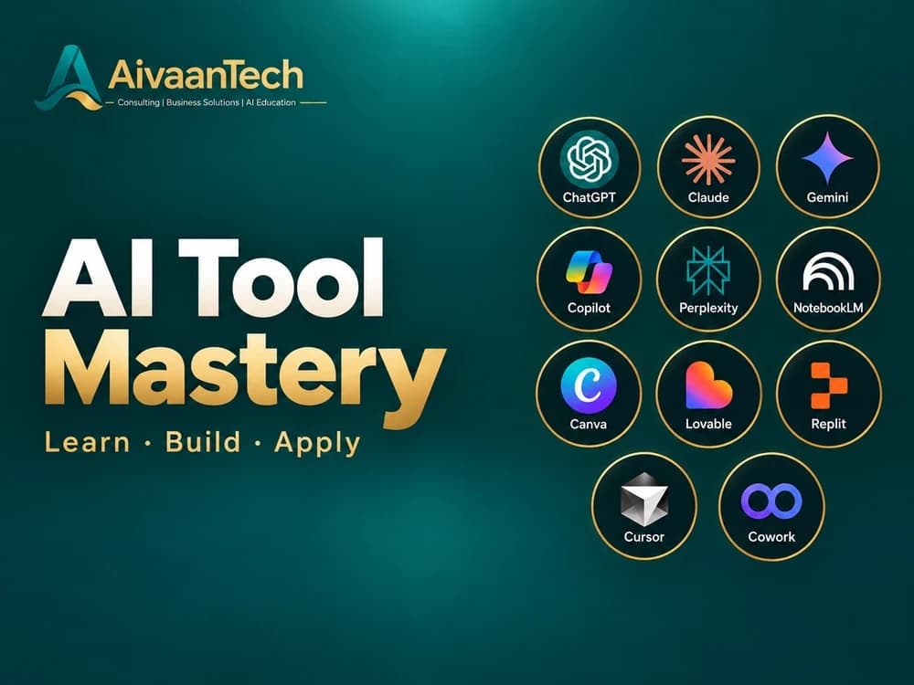 AivaanTech AI Tool Mastery — Learn, Build, Apply. Covers ChatGPT, Claude, Gemini, Copilot, Perplexity, NotebookLM, Canva, Lovable, Replit, Cursor and Cowork