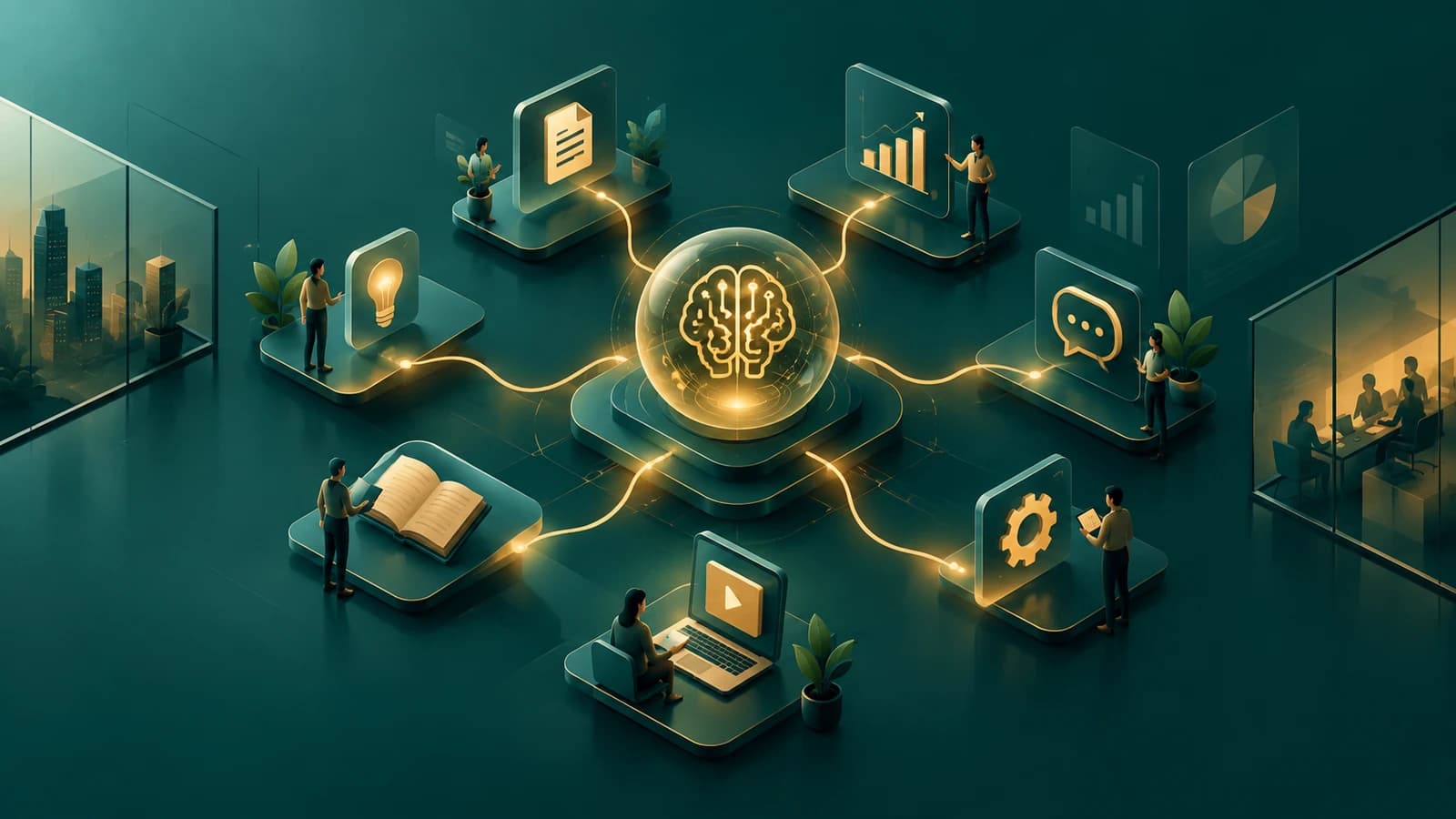 AI Training for Employees — an office team connected to a central AI brain icon, each working on a different department task