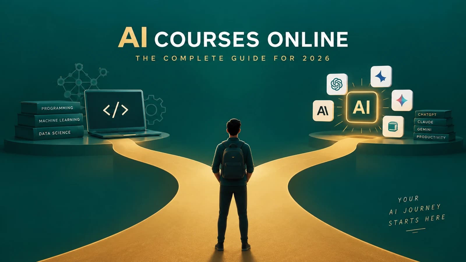 AI Courses Online: The Complete Guide for 2026 — a person choosing between a technical path (programming, machine learning, data science) and a practical path (ChatGPT, Claude, Gemini)