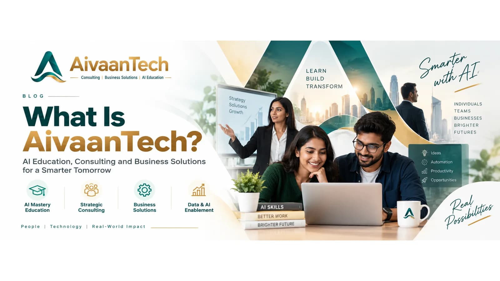 AIVAANTECH — AI Education, Consulting and Business Solutions for a Smarter Tomorrow, with the four service pillars: AI Mastery Education, Strategic Consulting, Business Solutions, Data & AI Enablement