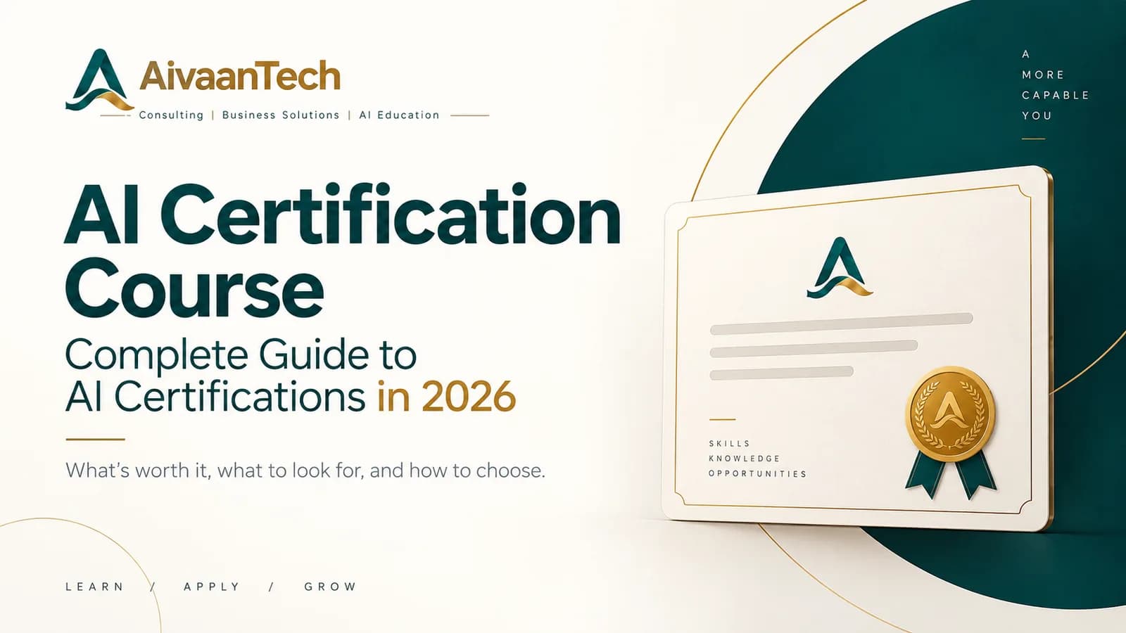 AI Certification Course: Complete Guide to AI Certifications in 2026 — an AivaanTech certificate with a gold seal and ribbon