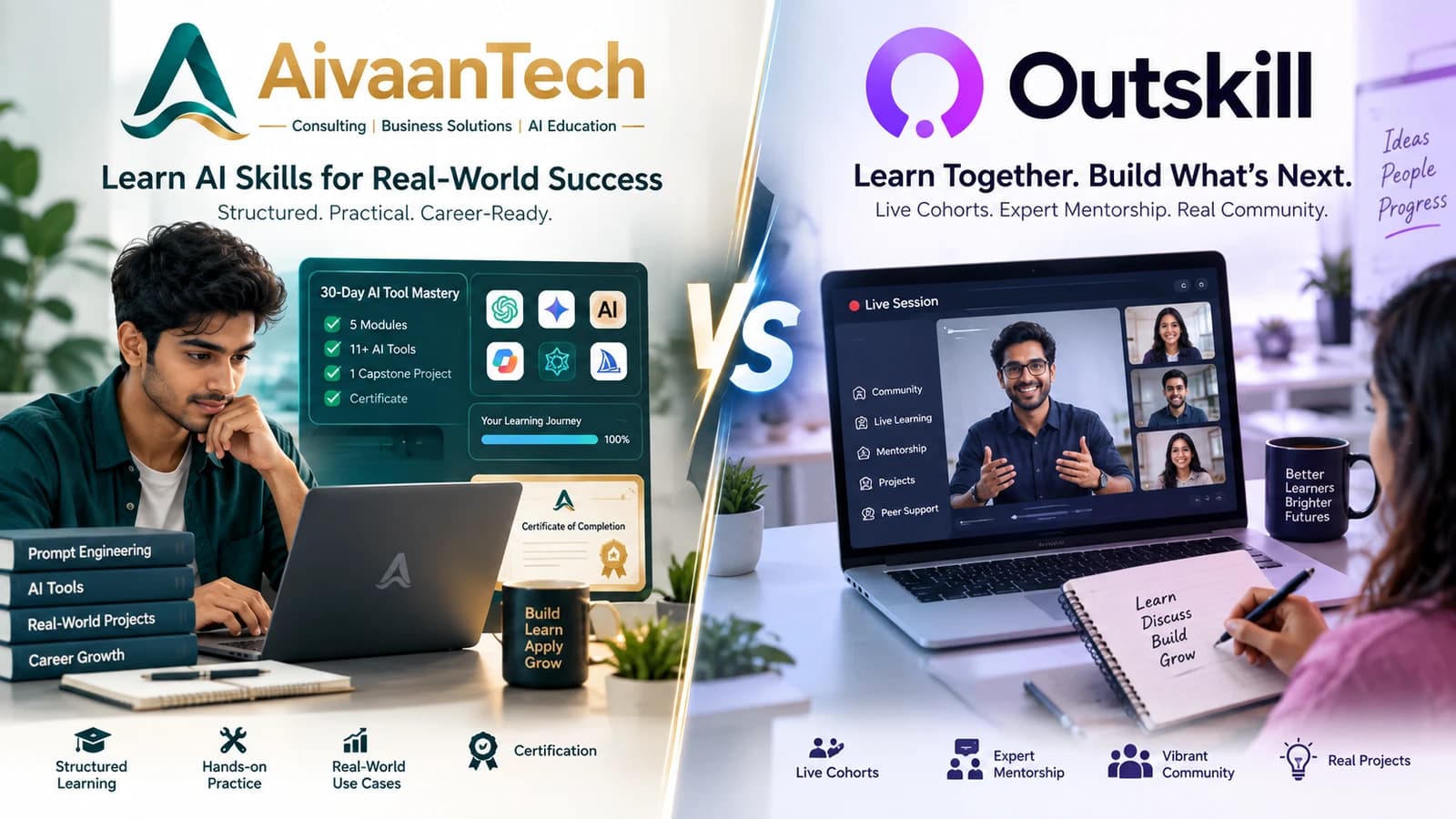 AivaanTech vs Outskill — AI course comparison cover illustration