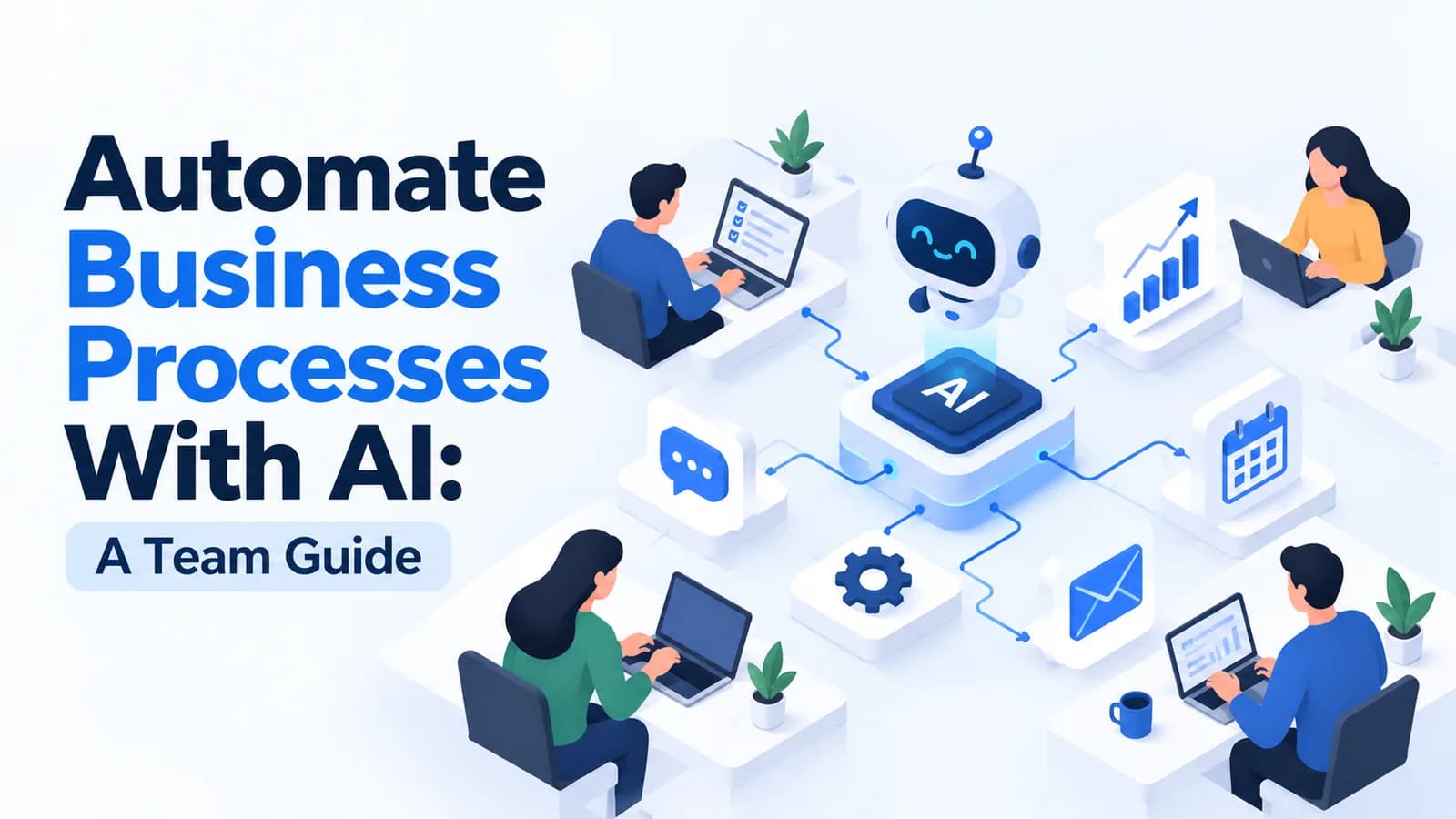 Automate Business Processes With AI: A Team Guide — team members at laptops connected to a central AI hub that links chat, email, calendar, reports and settings