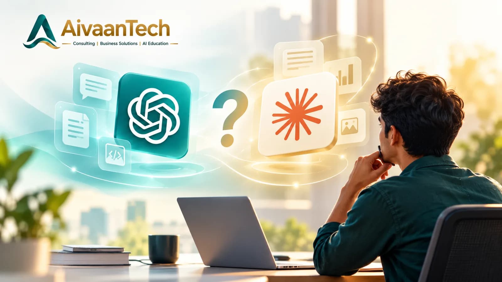 ChatGPT vs Claude AI: Which Should You Learn First? — a person at a laptop weighing the ChatGPT and Claude logos, with a question mark between them