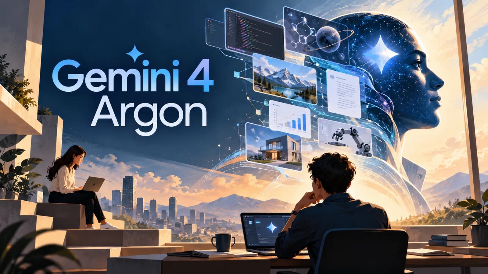 Gemini 4 Argon: what it can do and how to use it — people working on laptops beside a glowing AI figure surrounded by panels for code, documents, charts, images and robotics