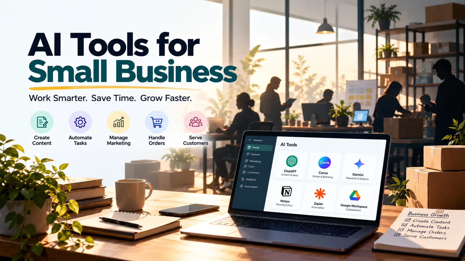 AI Tools for Small Business: work smarter, save time, grow faster — a laptop showing ChatGPT, Canva, Gemini, Notion, Zapier and Google Workspace in a busy small-business office