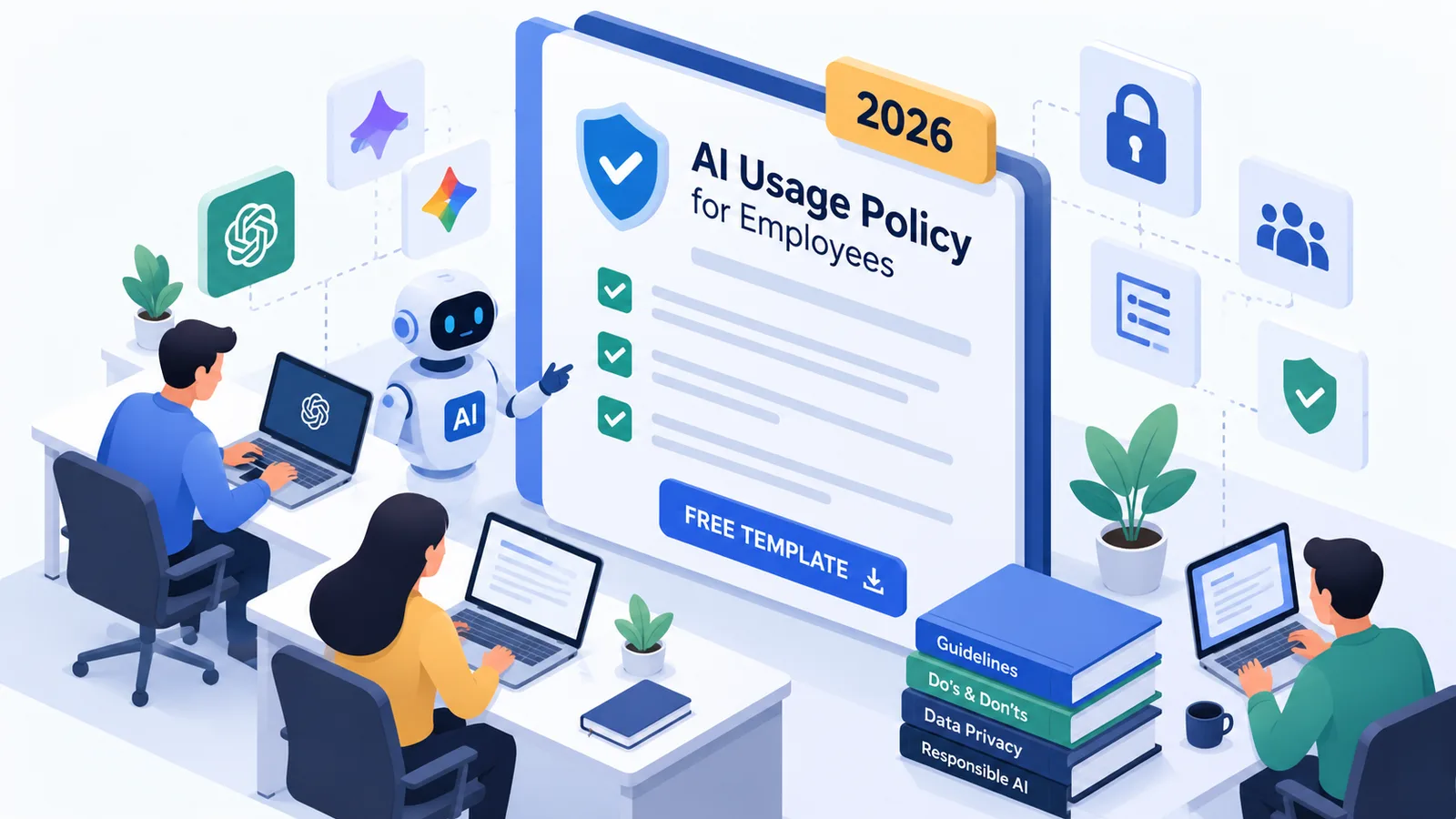 AI Usage Policy for Employees, 2026 free template — an office team at laptops beside a policy checklist, with guidelines, data privacy and responsible AI books