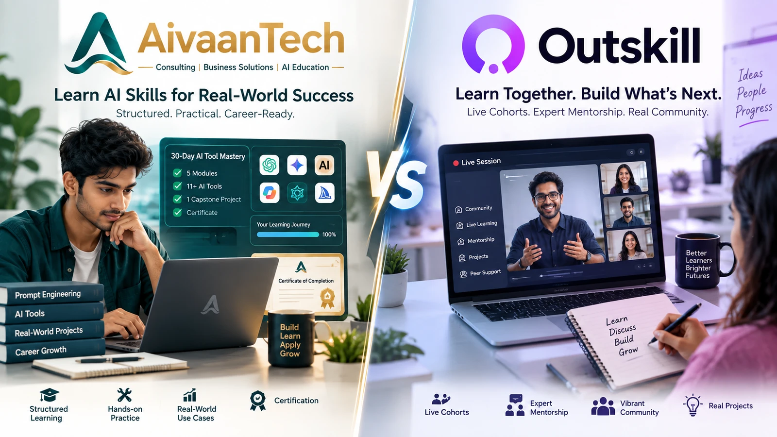 AivaanTech vs Outskill — AI course comparison cover illustration