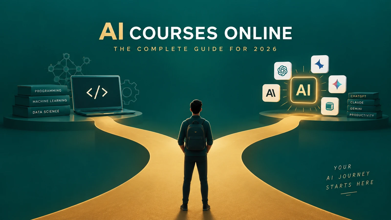 AI Courses Online: The Complete Guide for 2026 — a person choosing between a technical path (programming, machine learning, data science) and a practical path (ChatGPT, Claude, Gemini)