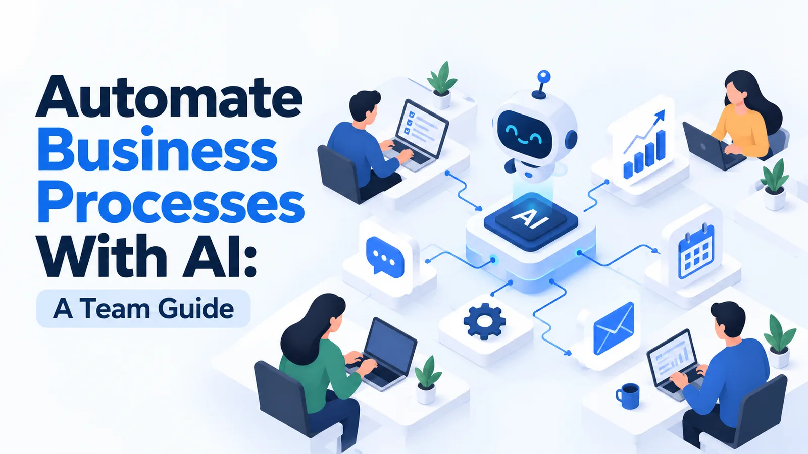 Automate Business Processes With AI: A Team Guide — team members at laptops connected to a central AI hub that links chat, email, calendar, reports and settings