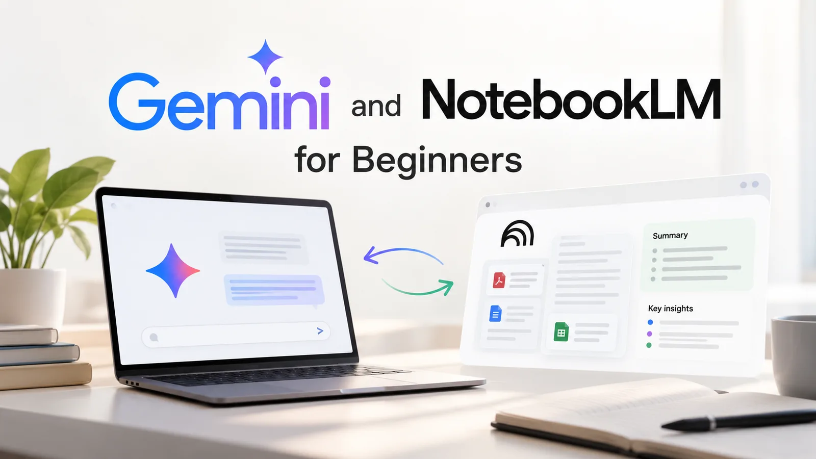 Gemini and NotebookLM for Beginners — a laptop showing a Gemini chat beside a NotebookLM window with sources, a summary and key insights