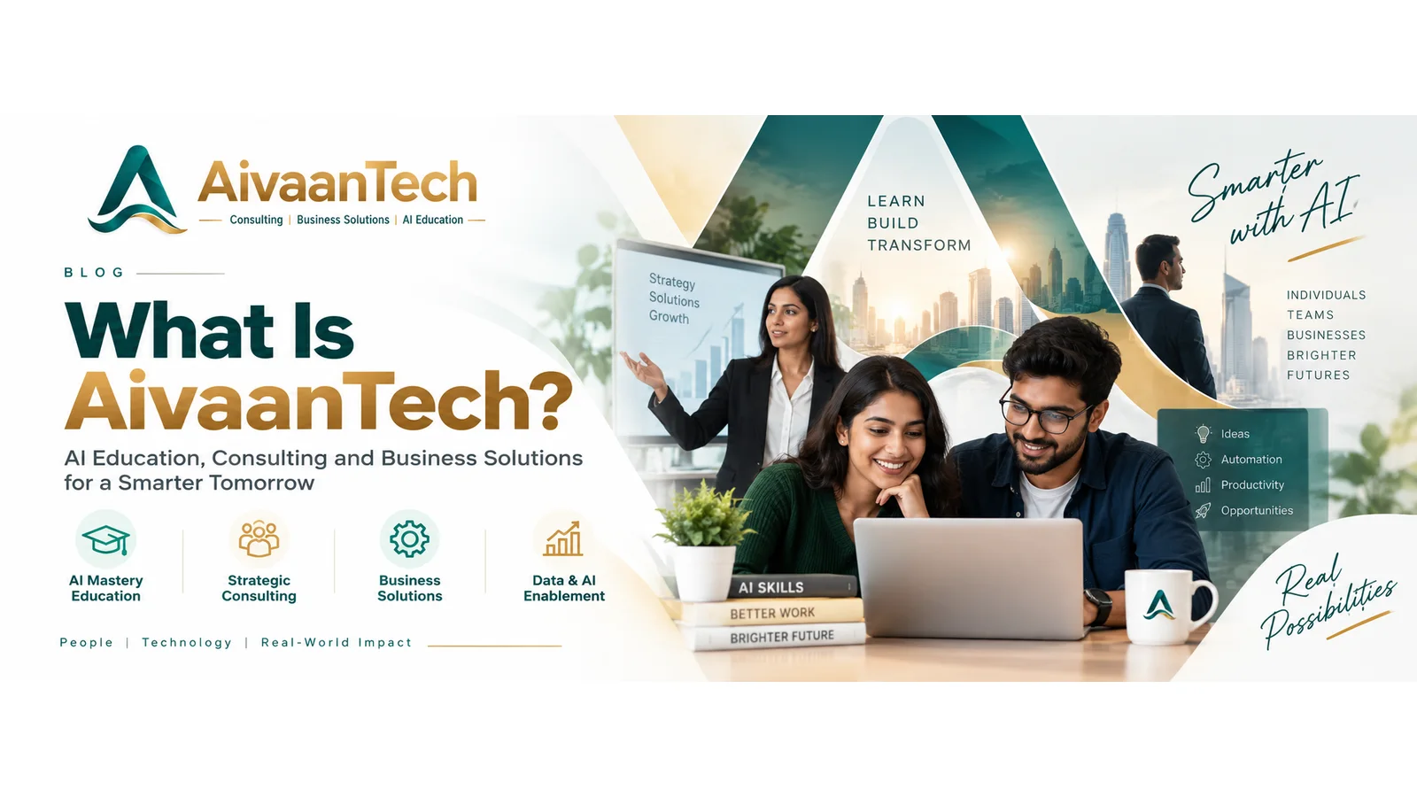 AivaanTech — AI Education, Consulting and Business Solutions for a Smarter Tomorrow, with the four service pillars: AI Mastery Education, Strategic Consulting, Business Solutions, Data & AI Enablement